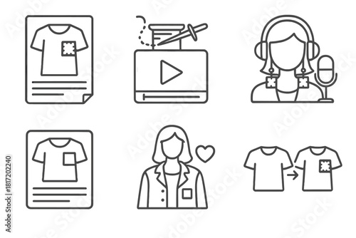 Upcycled Fashion Icons. Line style icons of upcycling in fashion media: magazine cover with patch style, DIY tutorial video,