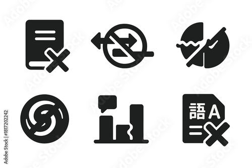 Anti-Translation Icons. Solid style icons of anti-translation practices: crossed dictionary glyph, blocked arrows icon,