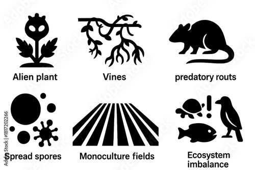 Invasive Species Icons. Solid style icons of invasive species: alien plant silhouettes, overgrowing vines, predatory roots.