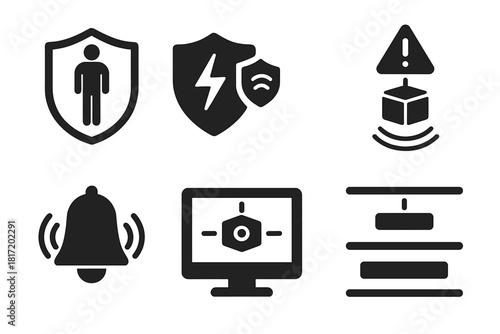 Levitation Safety Icons. Solid style icons of levitation safety systems: containment shield icon, emergency wave cutoff, fail-safe