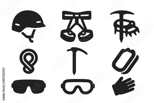 Glacier Safety Gear Icons. Solid style icons of glacier caving safety gear: helmet glyph, harness icon, crampon badge. Rope ring,