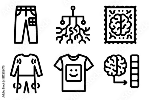 Smart Fashion Icons. Line style icons of Brain-Computer Fashion: smart pants with sensor panel, interactive fashion circuit, brain