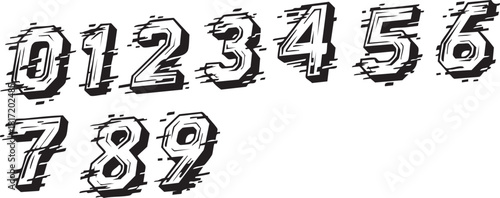A hand-drawn set of numbers from zero to nine in a dynamic, glitchy, comic book style with 3D shading.