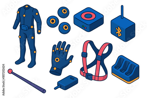 VR Gaming Setup Essentials. Isometric vector illustration set VR gaming setup – motion capture suit, sensor nodes, data pack; sync