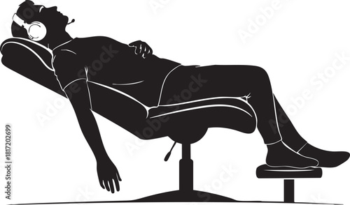 A silhouette of a man relaxing or sleeping in a reclining chair while wearing a headset.
