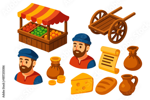 Medieval Market Icons. Isometric vector illustration set Comic book elements – medieval market, fruit stall, wooden cart; merchant