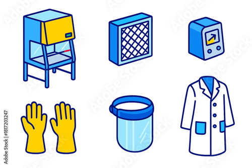 Science Lab Equipment. Isometric vector illustration set Science lab equipment – biosafety cabinet, HEPA filter, airflow monitor;