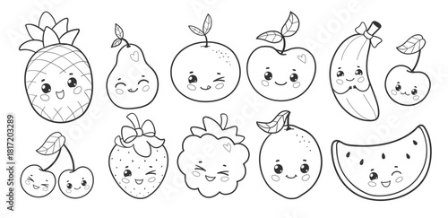 Vector illustration of cute fruits with happy faces in black and white. Line art fruit character collection.