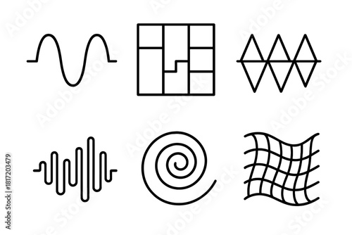 Sound Wave Icons. Line style icons of sound wave shapes: sine wave sculpture, square wave grid, triangular tone pattern, amplitude