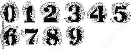 Black and white illustration of numbers zero through nine, each surrounded by decorative flame outlines.