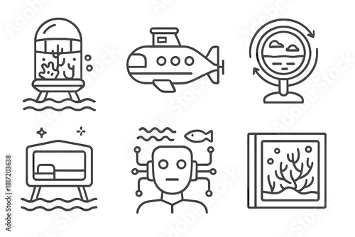 Underwater Hotel Icons. Line style icons of future underwater hotel concepts: floating reef capsule, hybrid submarine lodge,