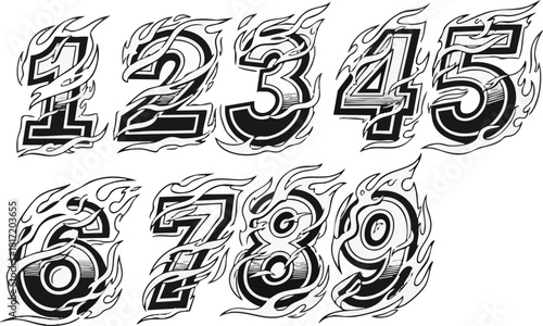 A black and white illustration of the numbers one through nine, each engulfed in stylized flames.