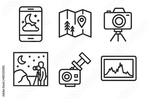 Dark Sky Photography Icons. Line style icons of dark sky photography setup: planning app screen, location scouting map, camera