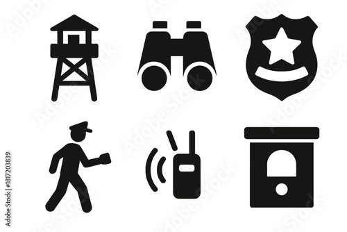Security Icons Collection. Solid style icons of security and patrol duty: lookout tower icon, binoculars glyph, perimeter badge.