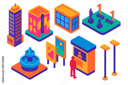 Vibrant Skyline Structures. Isometric vector illustration set Skyscraper silhouettes – art museum tower, sculptural façade,