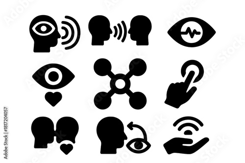 Telepathy Sensory Icons. Solid style icons of sensory expansion via telepathy: shared vision wave, echo hearing link, emotion