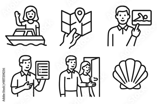 Check-In Icon Set. Line style icons of check-in and guest orientation: water taxi welcome, digital map handoff, ocean safety video