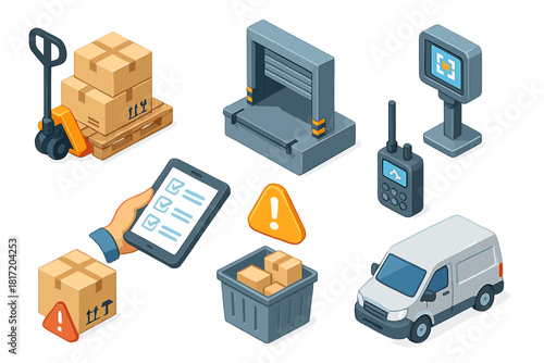 Isometric Logistics Icons. Isometric vector illustration set of Logistics and Delivery: shipment pallet jack, loading dock,