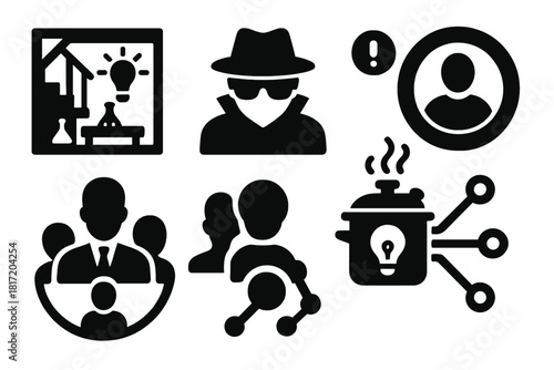 Underground Innovation Icons. Solid style icons of underground idea accelerators: basement lab icon, stealth thinker glyph,