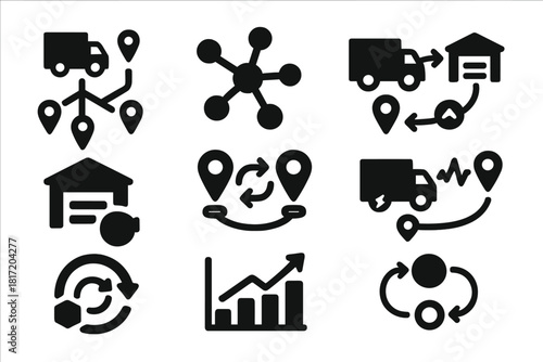 Supply Chain Resilience. Solid style icons of supply chain antifragility: multi-route delivery icon, supplier diversity web,