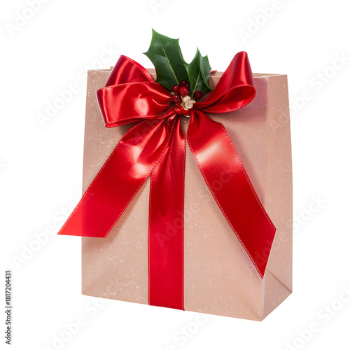 Gift Box With Red Ribbon and Holly Decoration for Holiday Celebration