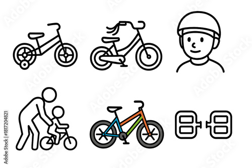Kids Bicycles Icons. Line style icons of kids and bicycles: training wheels, bike with streamers, child in helmet, parent teaching