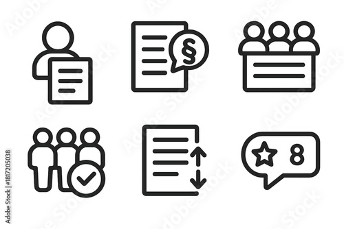Scriptwriting Icons. Line style icons of Crowdsourced Scriptwriting: user submitted draft, paragraph suggestion tag, crowd-sourced