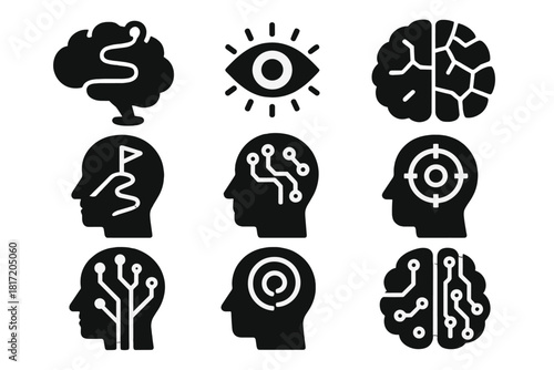 Future Thinking Icons. Solid style icons of future thinking and planning: brain projecting path, foresight wave icon, scenario