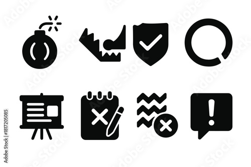 Grammar Sabotage Icons. Solid style icons of grammar sabotage drills: syntax bomb glyph, logic trap icon, rule-break badge. Broken