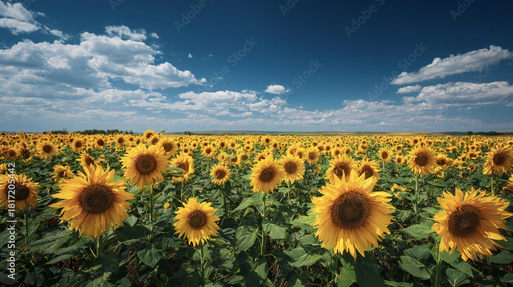Obraz premium Vibrant Sunflower Field under Blue Sky 