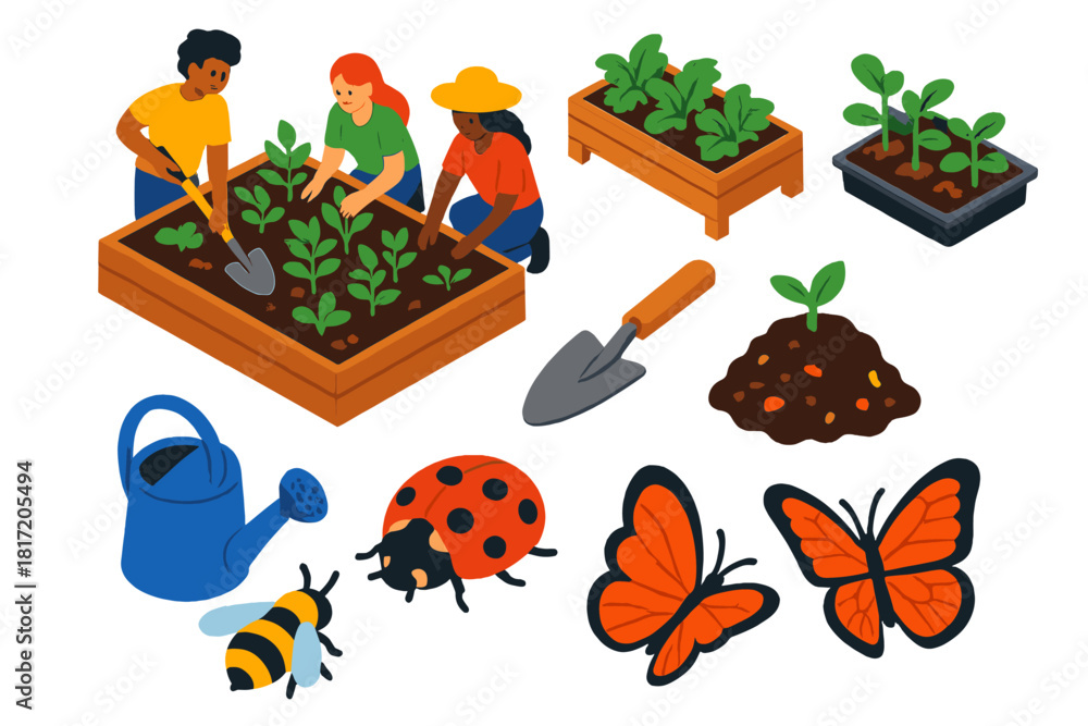 Fototapeta premium Urban Garden Icons. Isometric vector illustration set Climate action – urban community garden, raised planter bed, seedling tray;