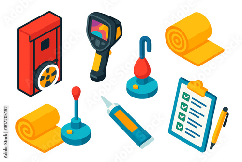 Climate Action Tools. Isometric vector illustration set Climate action – home energy audit kit, thermal camera, blower door;