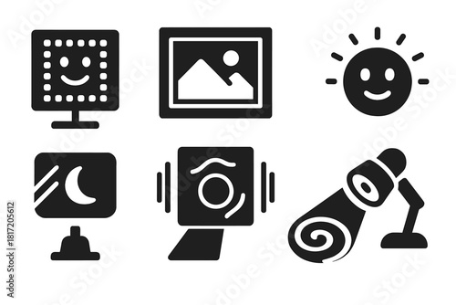 Reactive Light Art Icons. Solid style icons of light-reactive canvases: LED-lit emotion art, backlit painting frame,