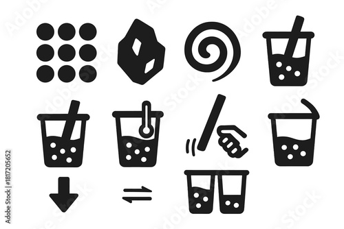 Bubble Tea Icon Textures. Solid style icons of bubble tea textures and reactions: chewy pearl structure, melting ice crystal, foam