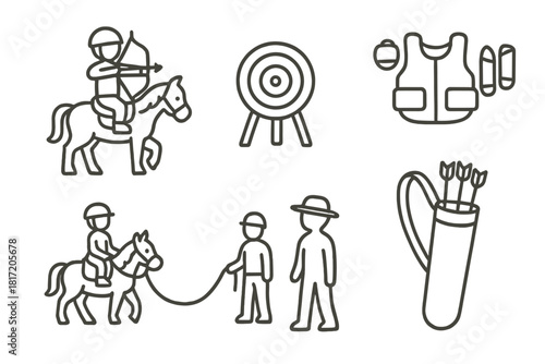 Youth Archery Icons. Line style icons of mounted archery for youth: child rider icon, low height target, padded gear set, training