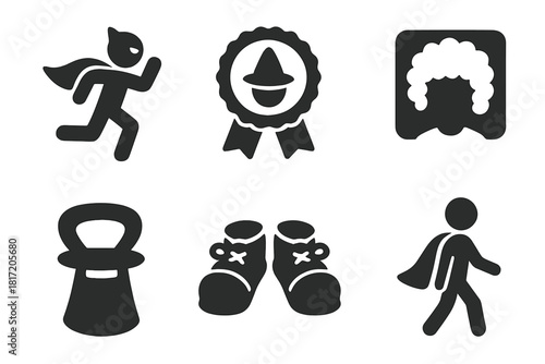 Comical Costume Icons. Solid style icons of comical or costume races: superhero backward run icon, costume trip badge, funny wig