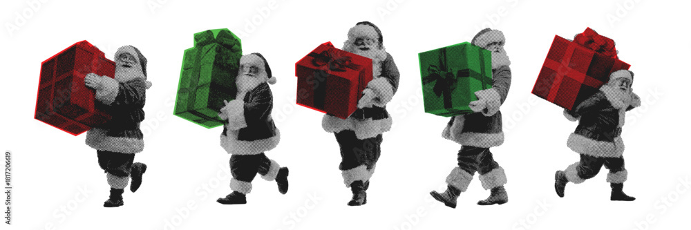 Fototapeta premium Halftone retro santa carrying oversized festive gifts in bold vintage grunge style for christmas
