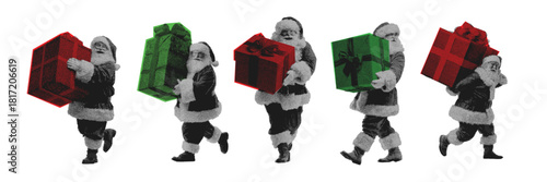 Halftone retro santa carrying oversized festive gifts in bold vintage grunge style for christmas