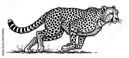 Cheetah running in detailed black and white line art vector