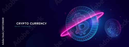 Digital Cryptocurrency Concept. Futuristic Wireframe Bitcoin Crypto Design With Neon Light Effects. Abstract Crypto Currency on Dark Blue Background. 3d Vector Illustration