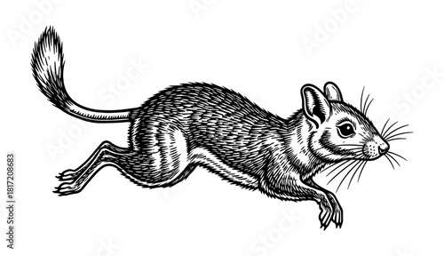 Running mouse detailed line art with long tail