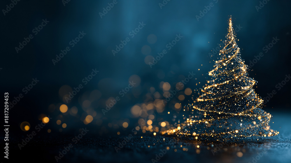 Naklejka premium Abstract christmas tree forming from golden particles on a dark blue background with bokeh and copy space