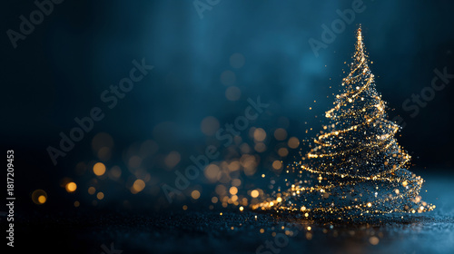 Fototapeta Naklejka Na Ścianę i Meble -  Abstract christmas tree forming from golden particles on a dark blue background with bokeh and copy space