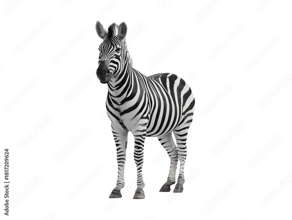 Fototapeta premium Zebra standing in a natural pose, showcasing striking black and white stripes in a serene environment