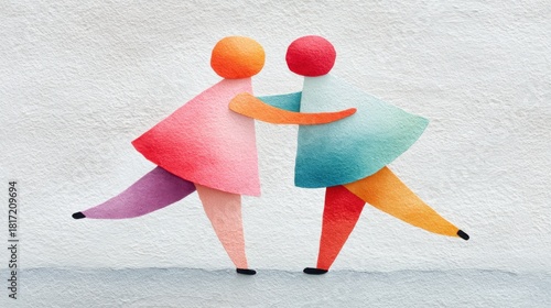 Colorful abstract figures dancing together on a white backdrop