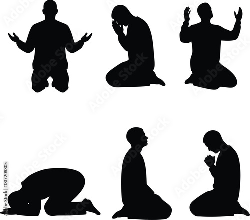 Vector Silhouette Set of Six Men Kneeling and Praying in Various Poses