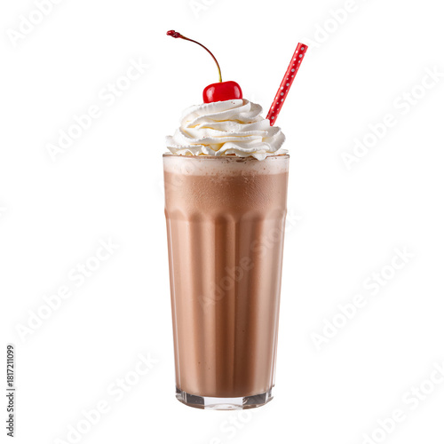 Creamy Chocolate Shake Topped With Whipped Cream and Cherry in a Clear Glass