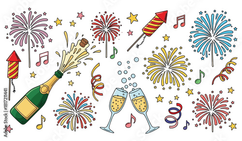 Hand-drawn celebration elements with champagne, fireworks, music, stars, and decor Vector