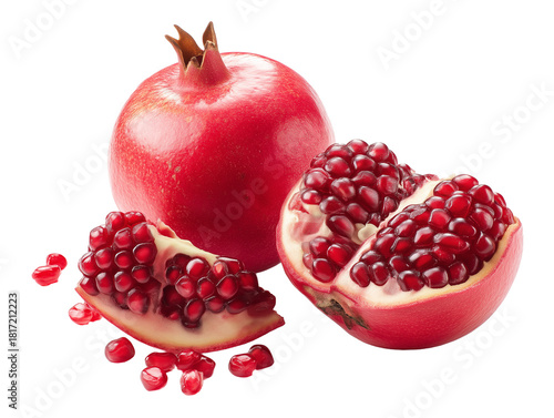 Pomegranates cut open to reveal juicy seeds on a white background