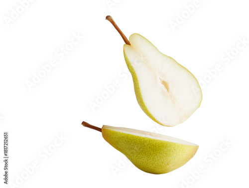 Freshly sliced green pear on a white background for healthy snacking and culinary use